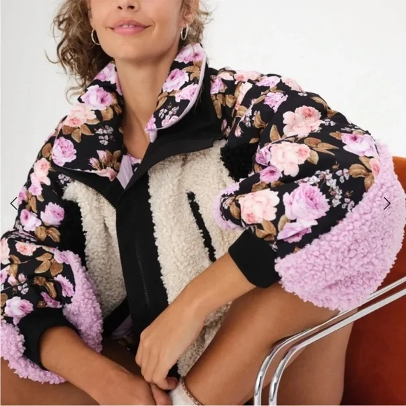For Love and Lemons Cozy Zip-Up Jacket Colorblock floral stand collar Teddy bear - Picture 2 of 12